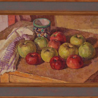 Bodegón con manzanas y copa de Fez | Óleo sobre tabla | 38x25